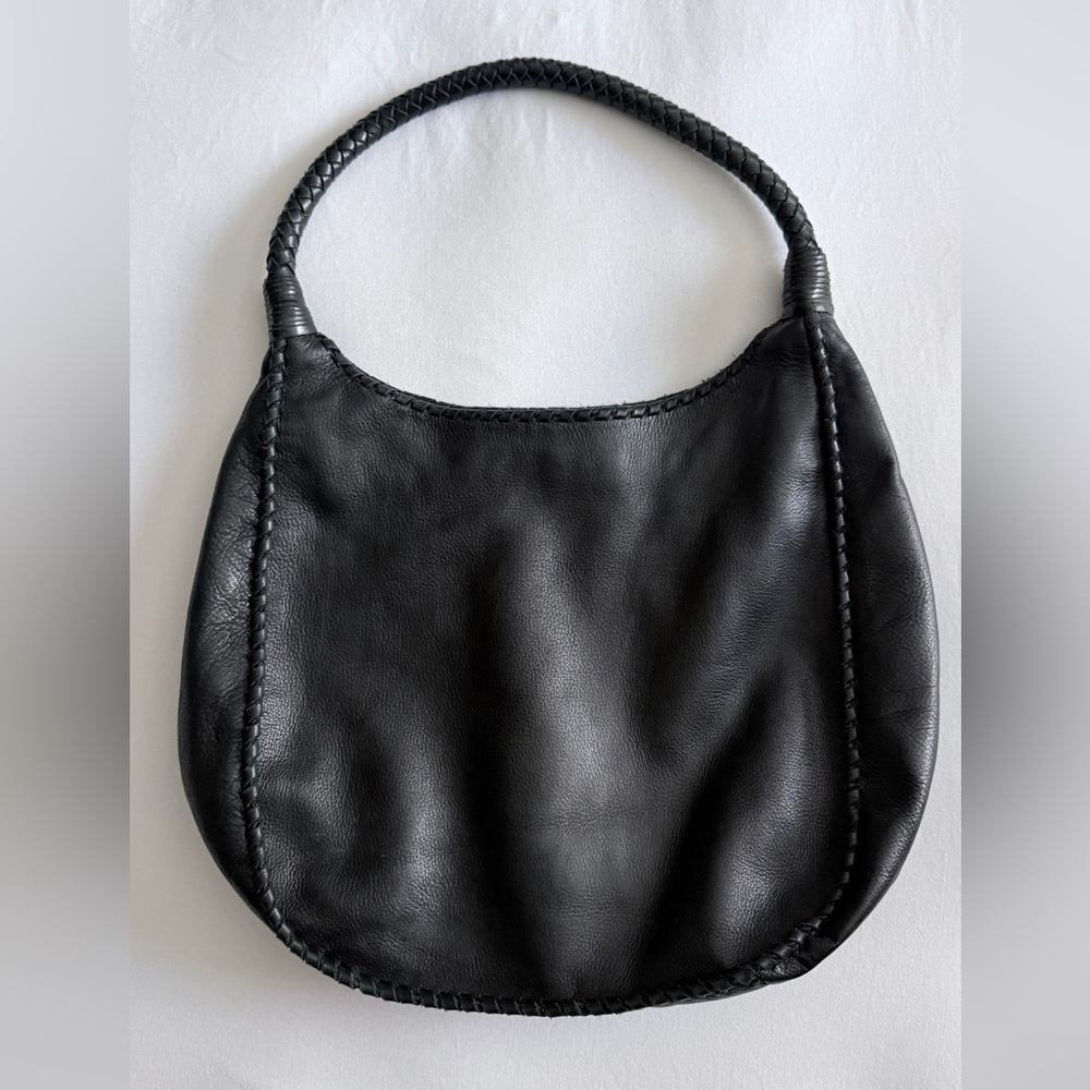 Margot New York Super Soft Black Leather Braided Handle  hobo bucket bag